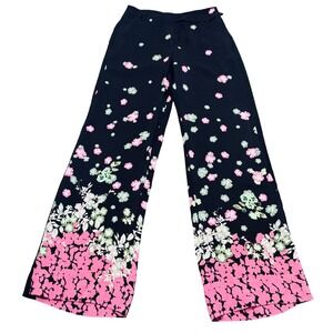 By Anthropologie Ella Wide-Leg Pants, Black Base Floral AOP Pink Green Size 6